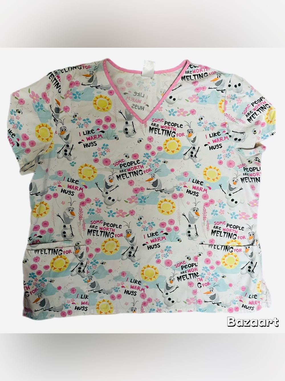Disney Olaf Frozen Scrub Top XL Extra Large White Pink V-Neck Nurse Medic
